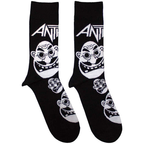 Black socks with white graphic design faces and the band name 'Anthrax' on a white background