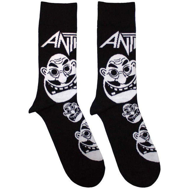 Black socks with white graphic design faces and the band name 'Anthrax' on a white background