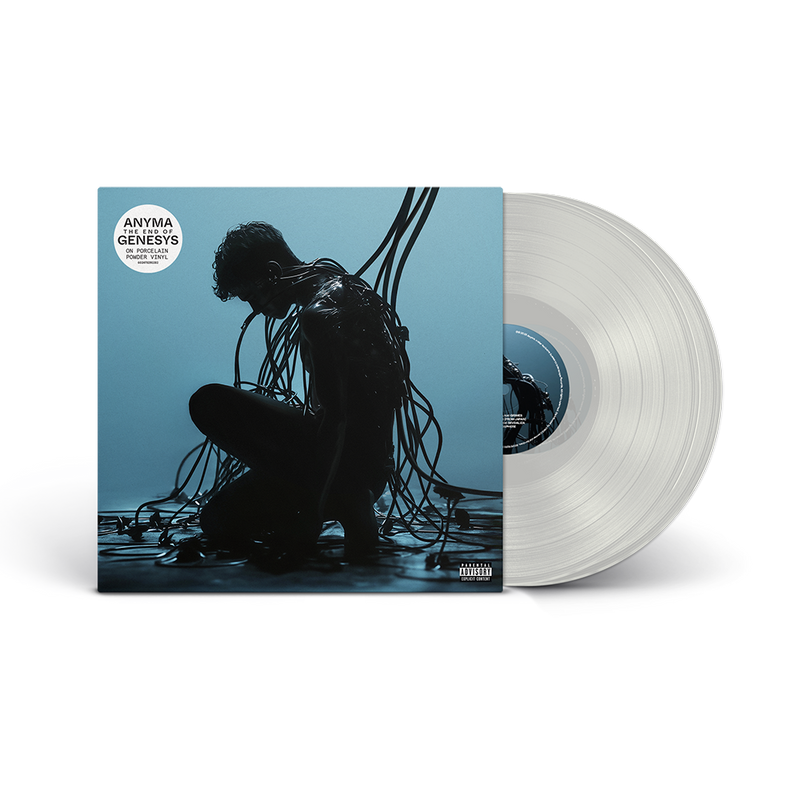 Vinyl record with a blue cover featuring a silhouette of a person and a clear vinyl disc.