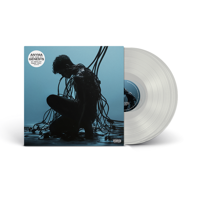Vinyl record with a blue cover featuring a silhouette of a person and a clear vinyl disc.
