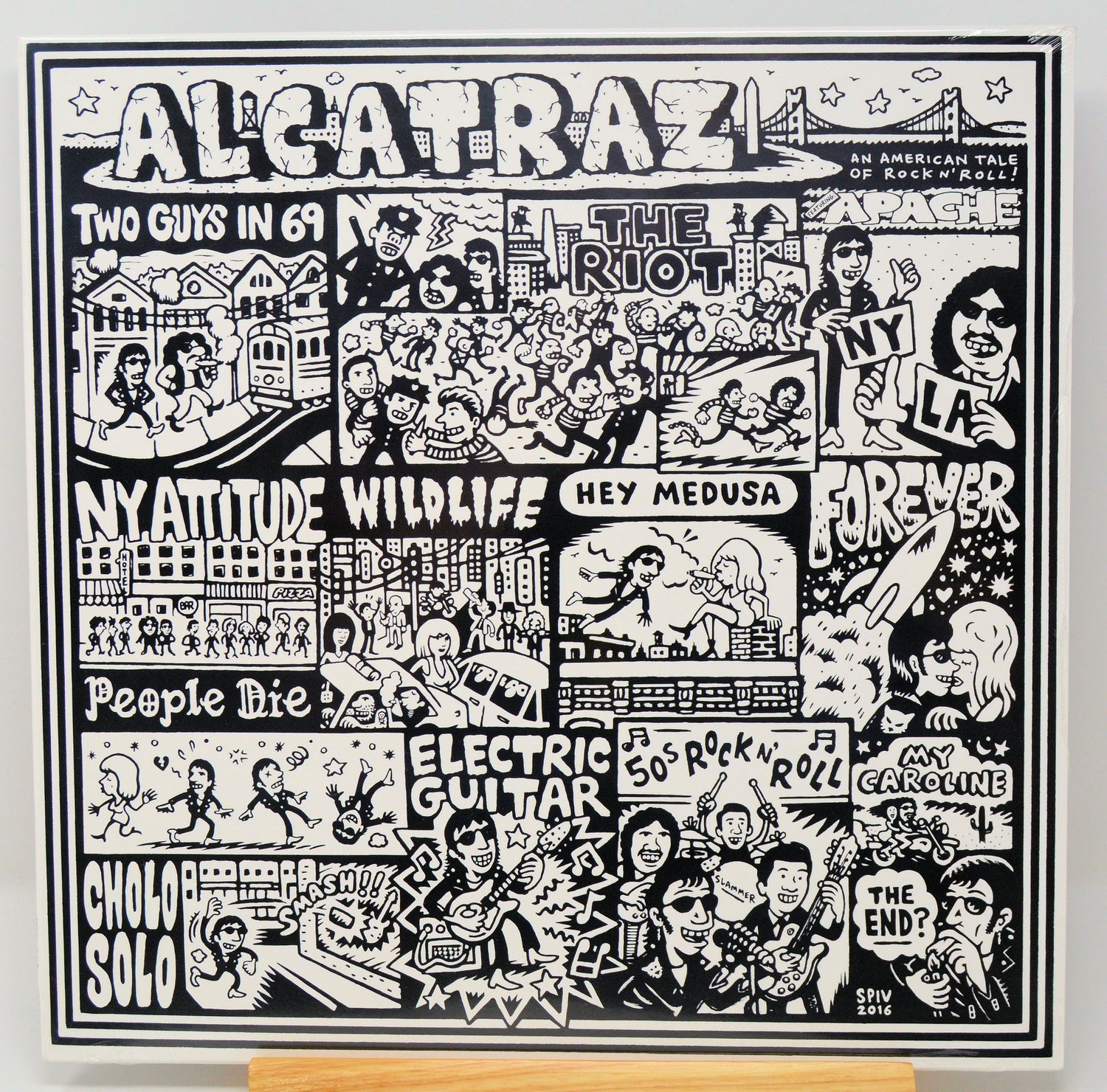 Record cover with an illustrated black and white design, featuring text and various cultural references such as a concert poster and a depiction of a character on a motorcycle.