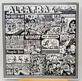 Record cover with an illustrated black and white design, featuring text and various cultural references such as a concert poster and a depiction of a character on a motorcycle.