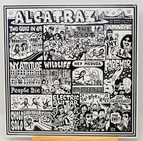 Record cover with an illustrated black and white design, featuring text and various cultural references such as a concert poster and a depiction of a character on a motorcycle.