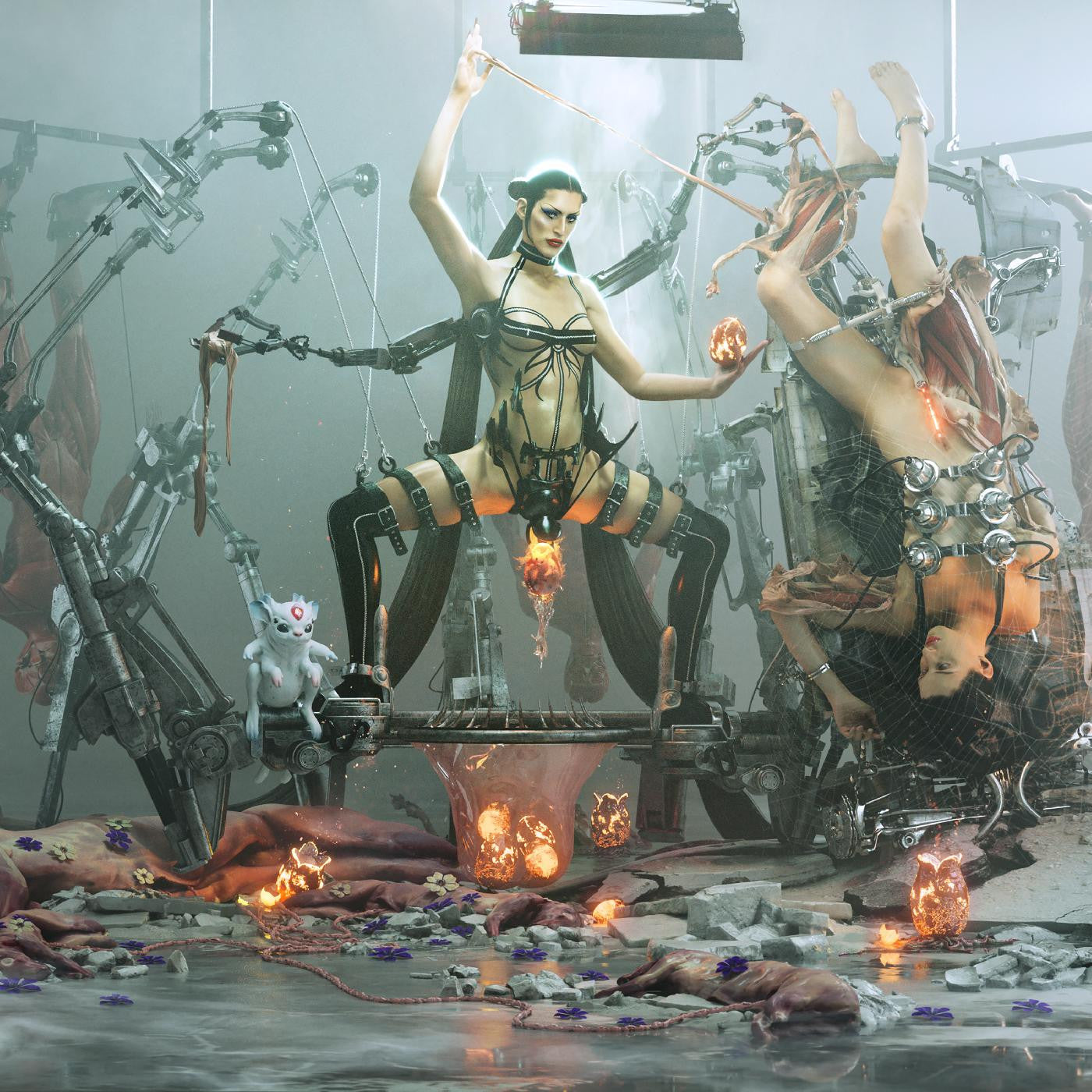 A stylized album cover featuring a figure in a provocative pose with multiple arms, surrounded by various props and elements in a dimly lit environment, reflecting the electronic and experimental nature of the music.