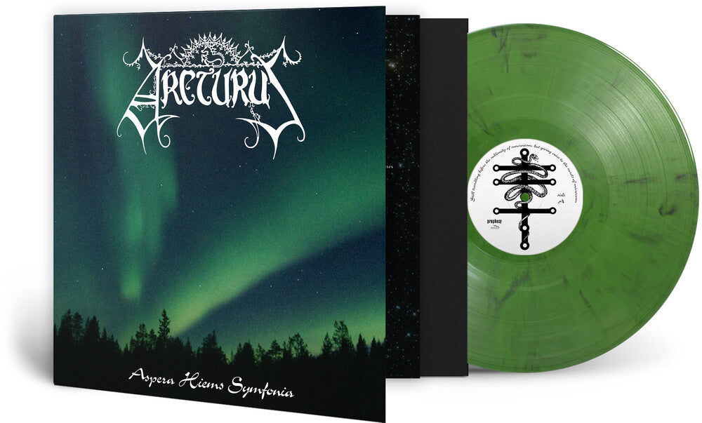 Vinyl record with green disc and black cover featuring a Northern Lights design.