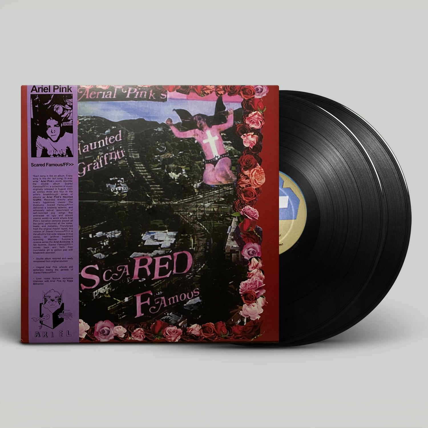 Vinyl record with a colorful cover featuring text and images on a gray background
