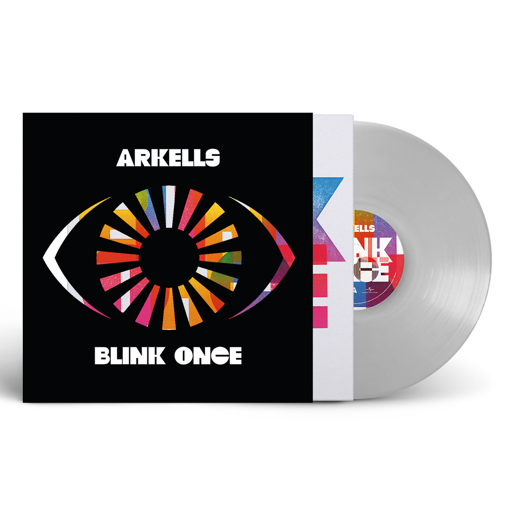 Vinyl record and cover with 'Arkells' and 'Blink Once' text on a white background
