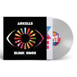 Vinyl record and cover with 'Arkells' and 'Blink Once' text on a white background