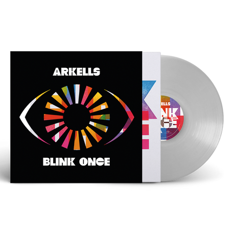 Vinyl record and cover with 'Arkells' and 'Blink Once' text on a white background