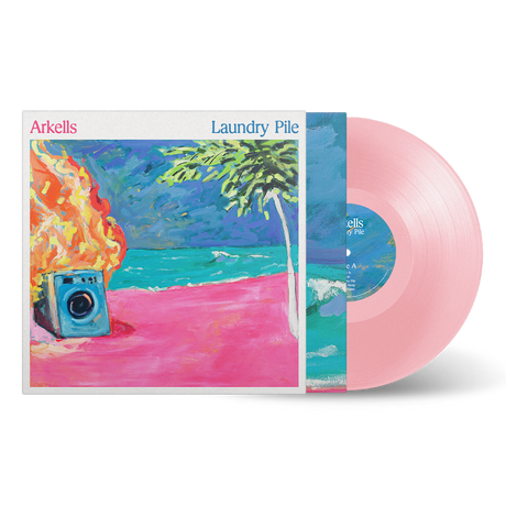 A pink vinyl record titled 'Arkells - Laundry Pile' with a colorful cover featuring a washing machine on a beach.