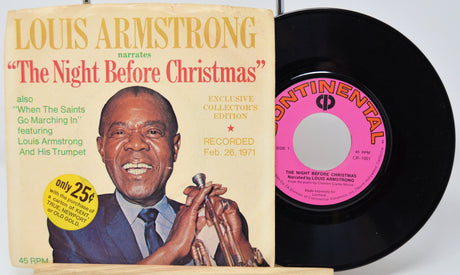 Vinyl record with cover featuring Louis Armstrong and text about 'The Night Before Christmas'.