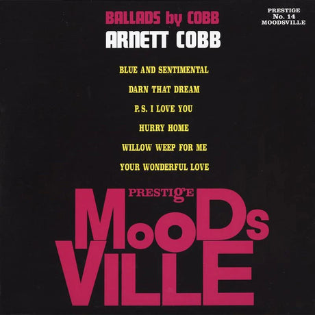 Album cover for Prestige's 'Moods of Cobb' featuring a black background with tracklist text in white and yellow and large pink title lettering.