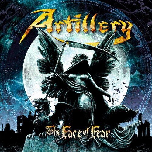Album cover for 'The Face of Fear' by Artillery with an angel holding a sword against a moonlit sky.