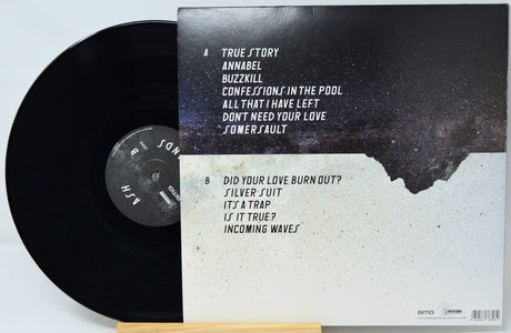 Vinyl record with its cover displaying track listings on a light gray background