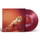 Vinyl record with a cover featuring a woman sitting on a chair against a red background
