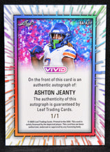 Back of the 2025 Leaf Vivid Ashton Jeanty football card highlighting autograph authenticity