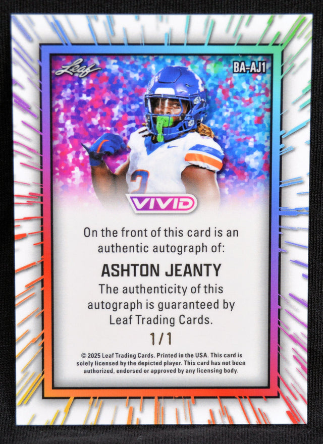 Back of the 2025 Leaf Vivid Ashton Jeanty football card highlighting autograph authenticity