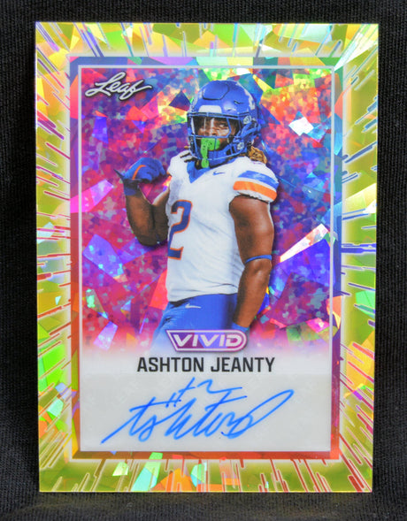 Front of the Leaf Vivid Ashton Jeanty football card with autograph and holographic background