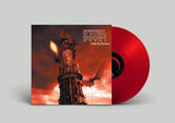 Vinyl record with a tower and dragon design on the cover against a red and orange gradient background.