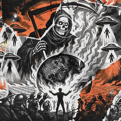 Artistic depiction of a grim reaper with UFOs and a crowd below, set against an apocalyptic sky.