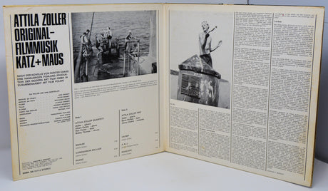 Open gatefold of Attila Zoller Katz und Maus soundtrack LP displaying inner artwork and film credits