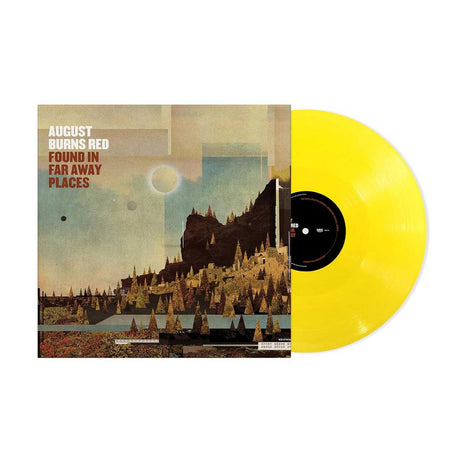 Cover art for August Burns Red album 'Found In Far Away Places' featuring a stylized landscape with trees and mountains, with a warm color palette.