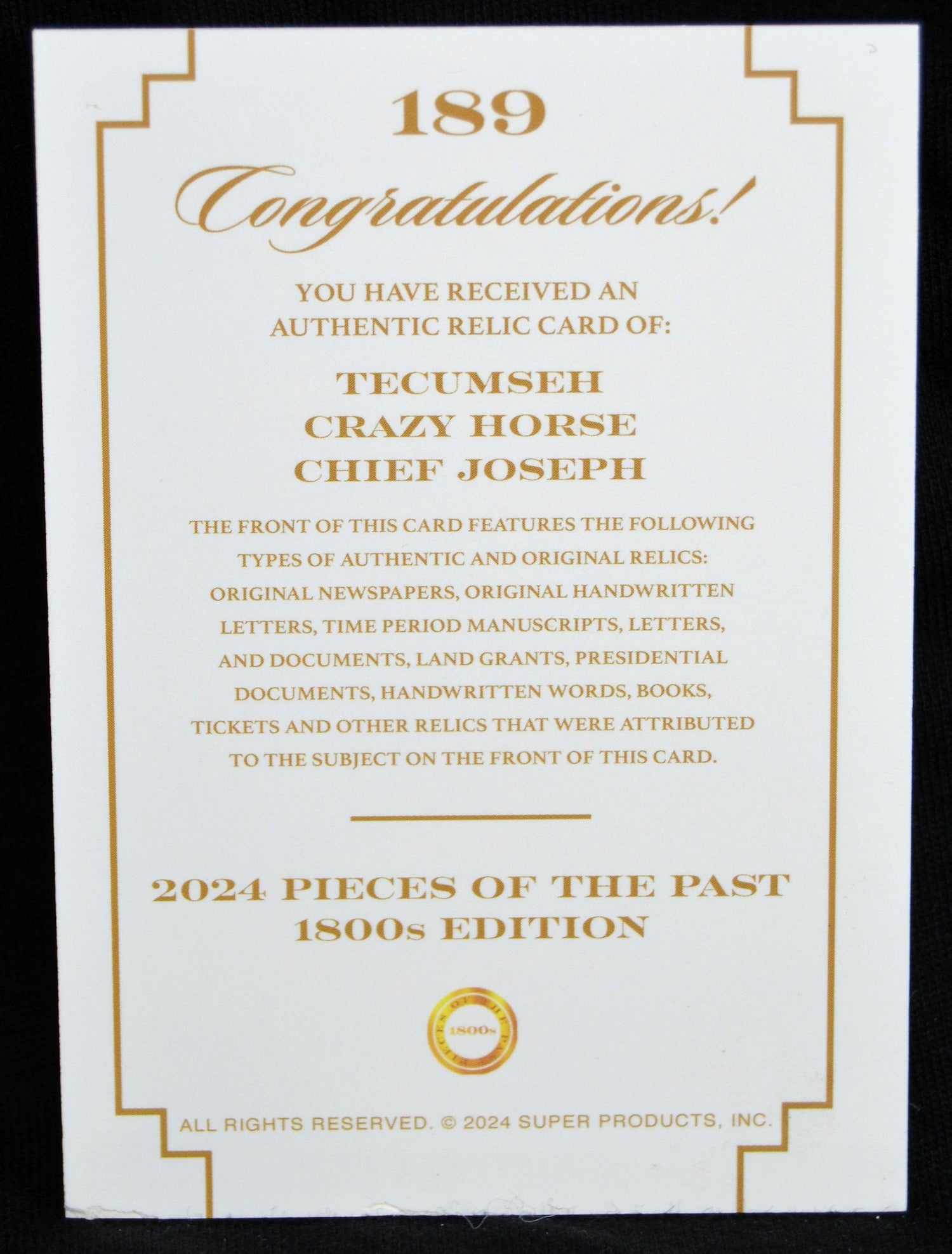 2024 Pieces of the Past 1800s Edition relic card certificate for Tecumseh, Crazy Horse, and Chief Joseph