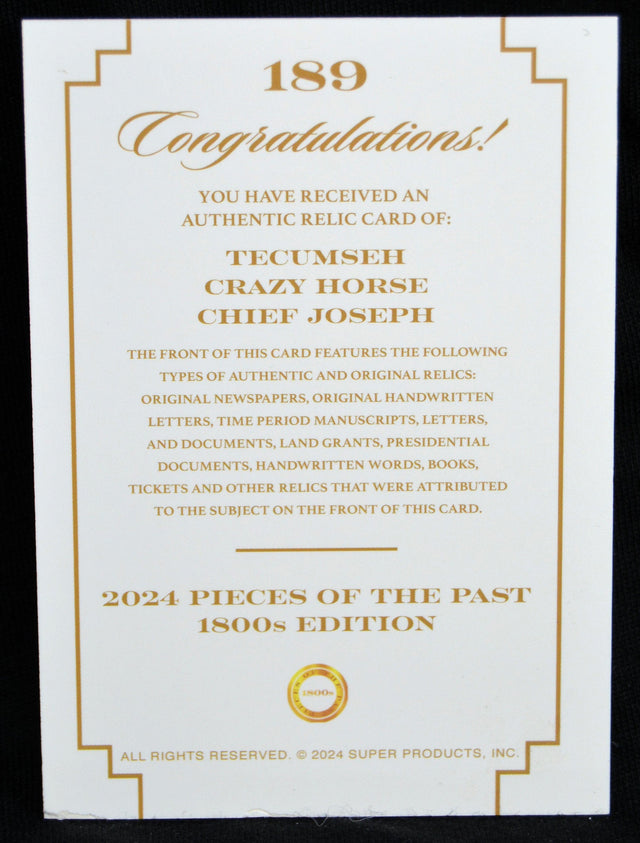 2024 Pieces of the Past 1800s Edition relic card certificate for Tecumseh, Crazy Horse, and Chief Joseph