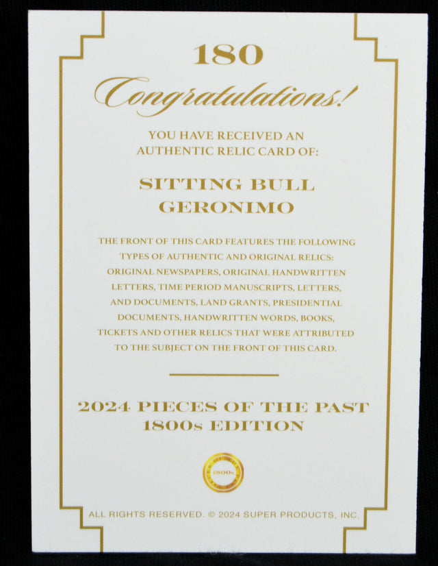 Congratulations card for Sitting Bull and Geronimo authentic relic card, 2024 Pieces of the Past 1800s Edition
