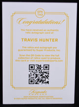 Certificate of authenticity for Travis Hunter relic autograph card with QR code