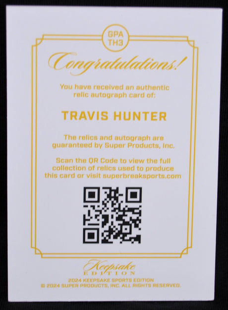 Certificate of authenticity for Travis Hunter relic autograph card with QR code