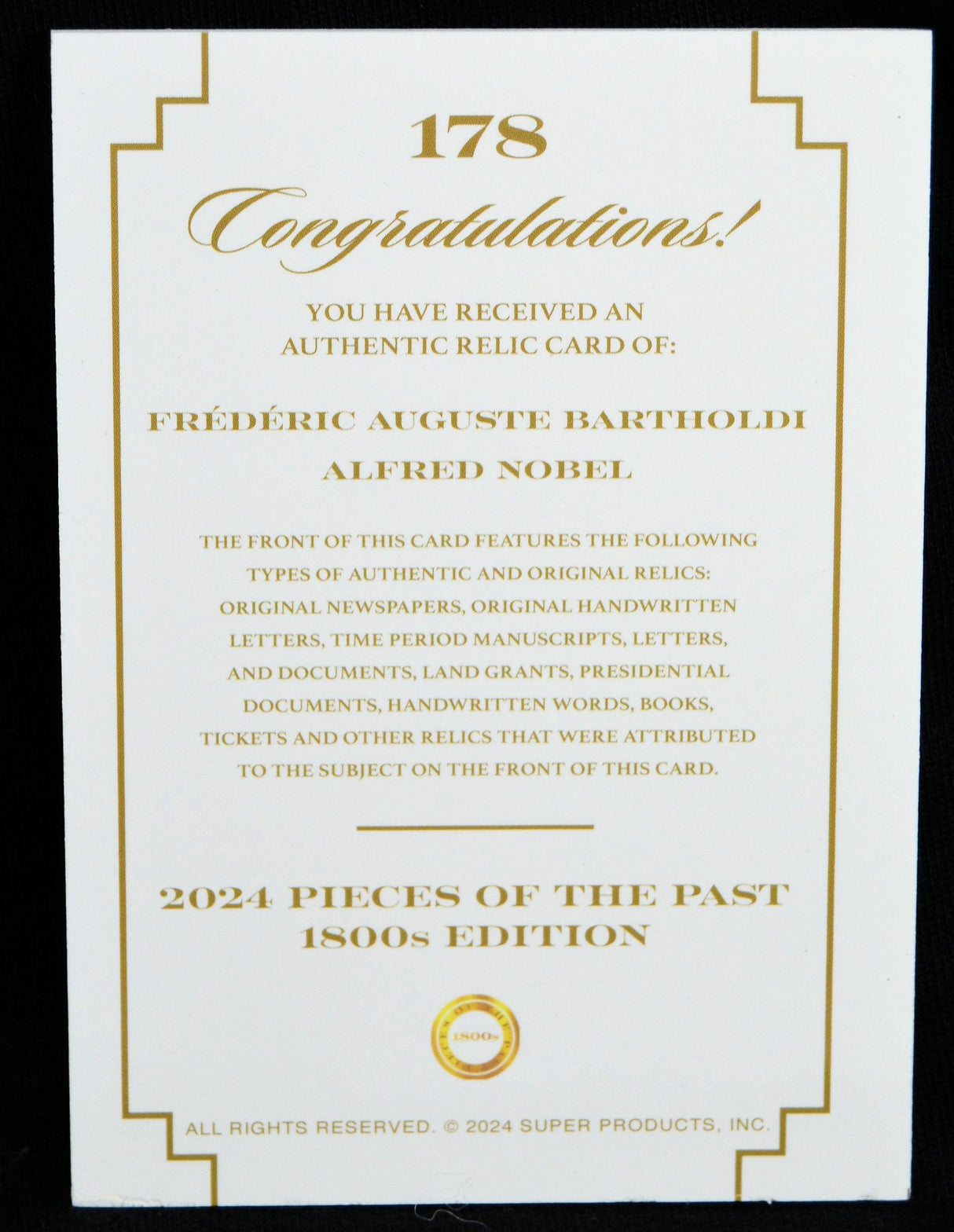 Certificate card for authentic Bartholdi & Nobel relic card from the 2024 Pieces of the Past 1800s Edition