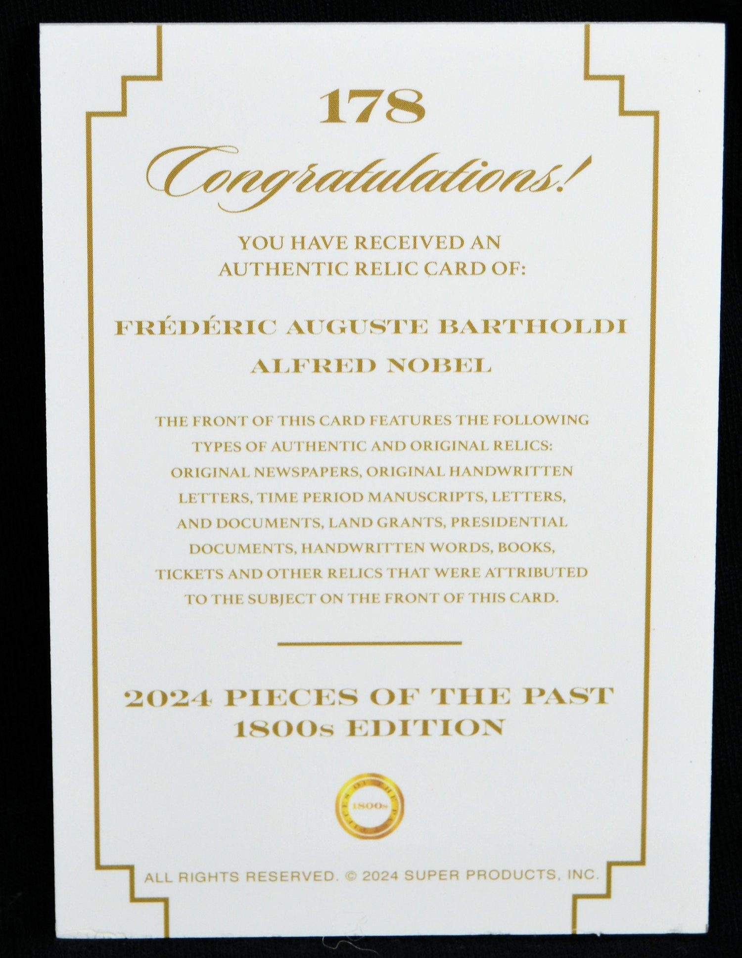 Certificate card for authentic Bartholdi & Nobel relic card from the 2024 Pieces of the Past 1800s Edition