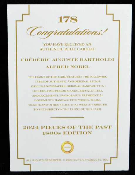 Certificate card for authentic Bartholdi & Nobel relic card from the 2024 Pieces of the Past 1800s Edition