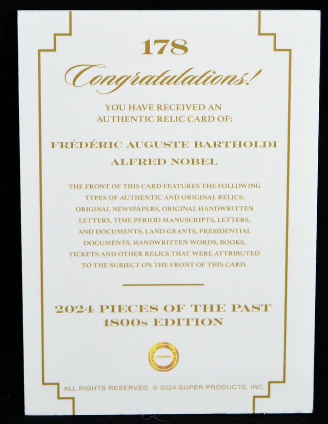 Certificate card for authentic Bartholdi & Nobel relic card from the 2024 Pieces of the Past 1800s Edition
