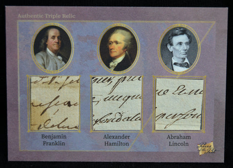 Triple relic card showing authentic handwritten relics of Franklin, Hamilton, and Lincoln with portraits