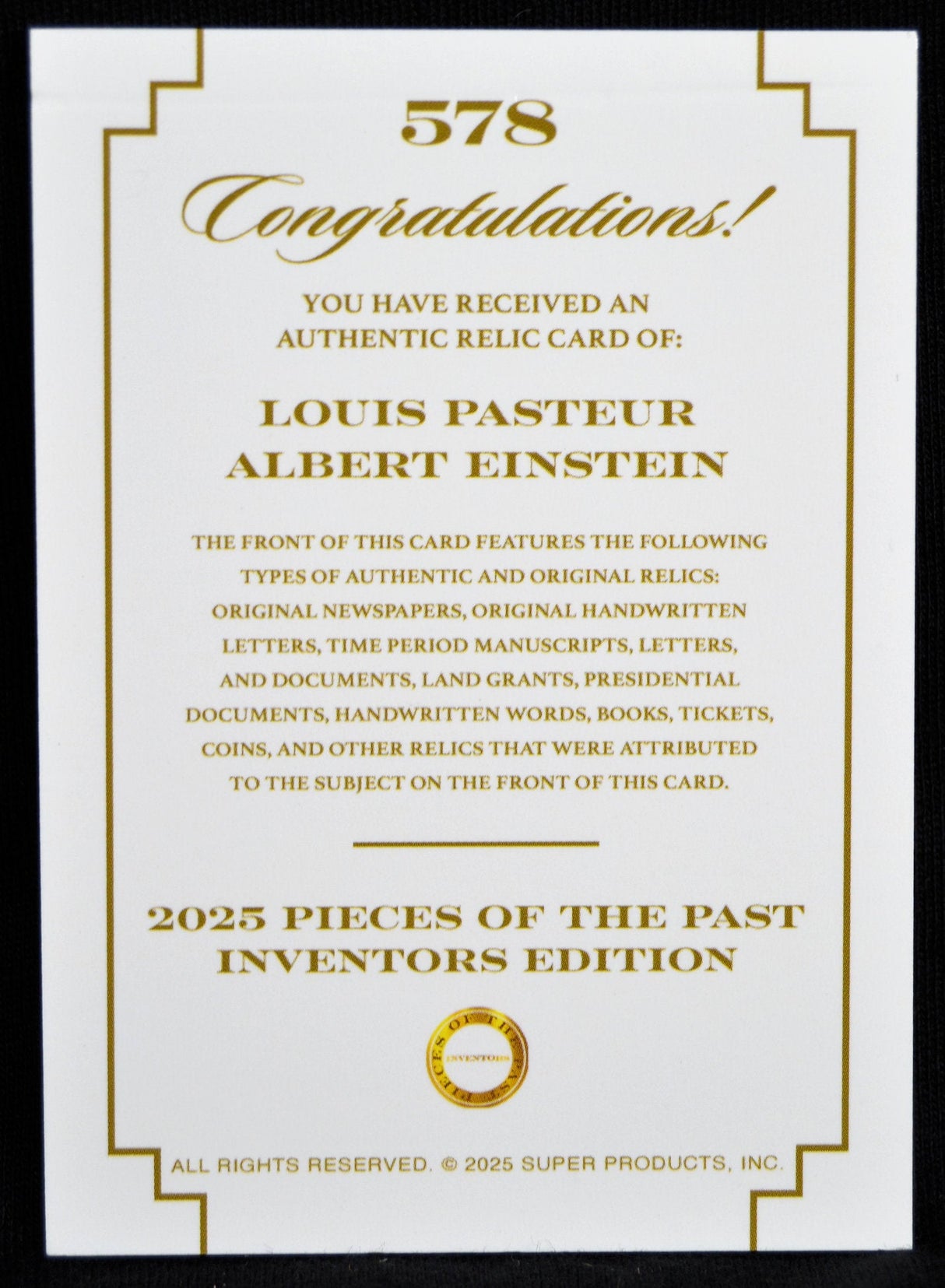 Certificate of authenticity for a Louis Pasteur and Albert Einstein relic card from the 2025 Pieces of the Past Inventors Edition.