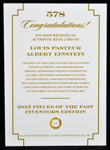 Certificate of authenticity for a Louis Pasteur and Albert Einstein relic card from the 2025 Pieces of the Past Inventors Edition.
