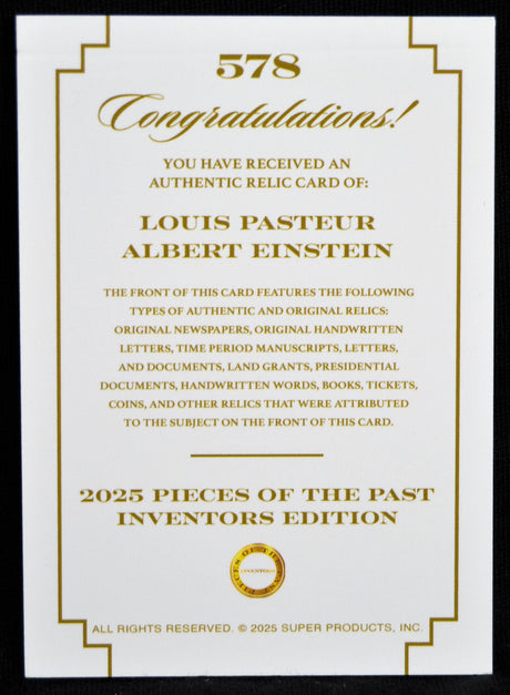 Certificate of authenticity for a Louis Pasteur and Albert Einstein relic card from the 2025 Pieces of the Past Inventors Edition.