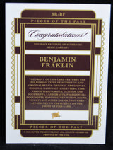 Back of Benjamin Franklin relic card detailing authenticity and relic types