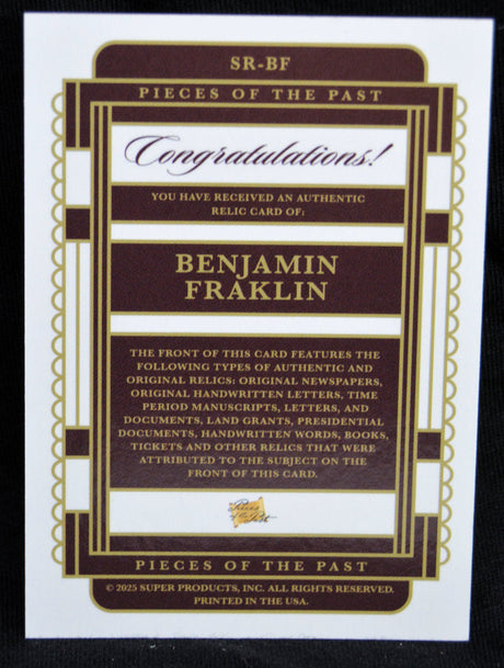 Back of Benjamin Franklin relic card detailing authenticity and relic types