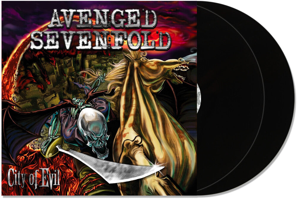 Vinyl record with 'Avenged Sevenfold' album titled 'City of Evil' with the  cover featuring a colorful illustration of a sword wielding skeleton on a horse and text.