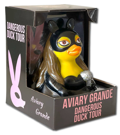 Rubber duck with a mask in packaging labeled 'Aviary Grande Dangerous Duck Tour'.