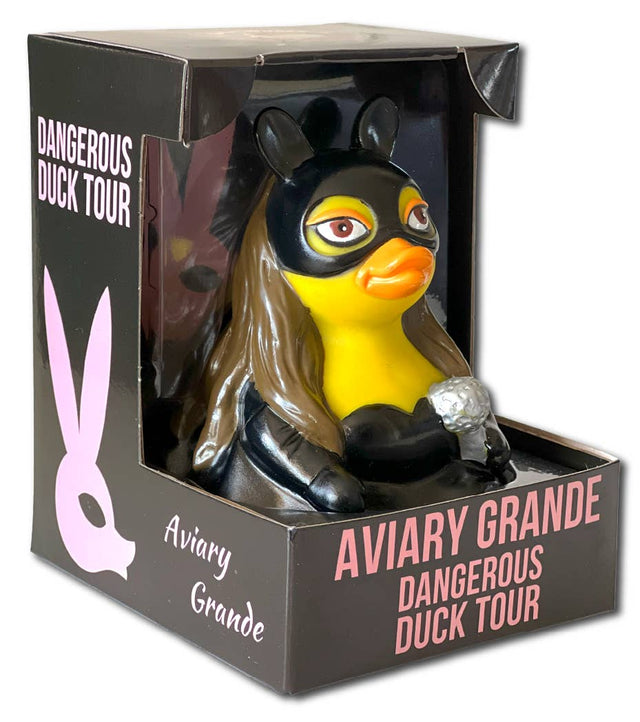 Rubber duck with a mask in packaging labeled 'Aviary Grande Dangerous Duck Tour'.
