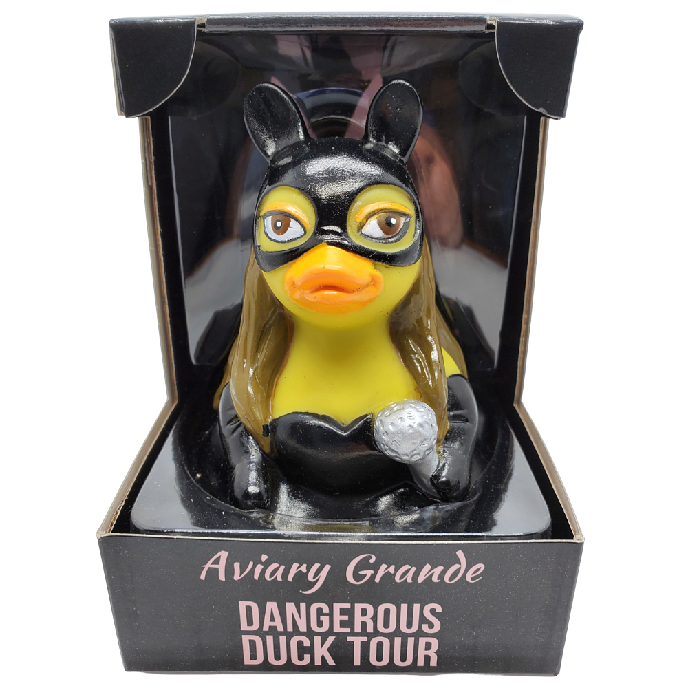 Rubber duck with batman mask and cape in packaging, labeled 'Aviary Grande Dangerous Duck Tour'.