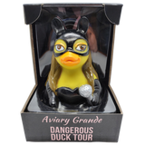 Rubber duck with batman mask and cape in packaging, labeled 'Aviary Grande Dangerous Duck Tour'.