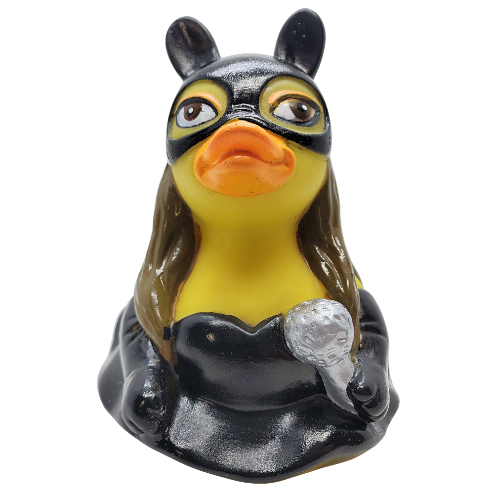 Rubber duck with superhero mask and cape on a white background
