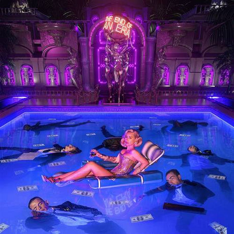People lounging in a pool with a neon sign and decorative architecture in the background