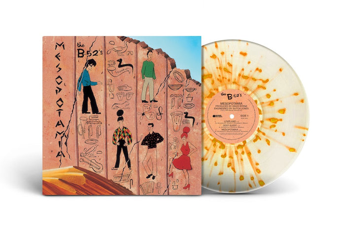 Vinyl record with a colorful splatter design and matching cover featuring illustrations of people and hieroglyphics.