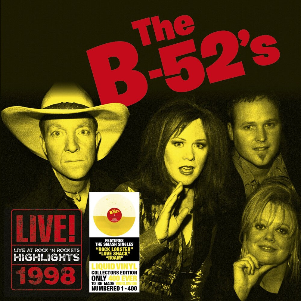 The album cover for B-52's 'Live At Rock 'n Rockets' showing a picture of the band and an image of the Yellow Liquid Vinyl inside.